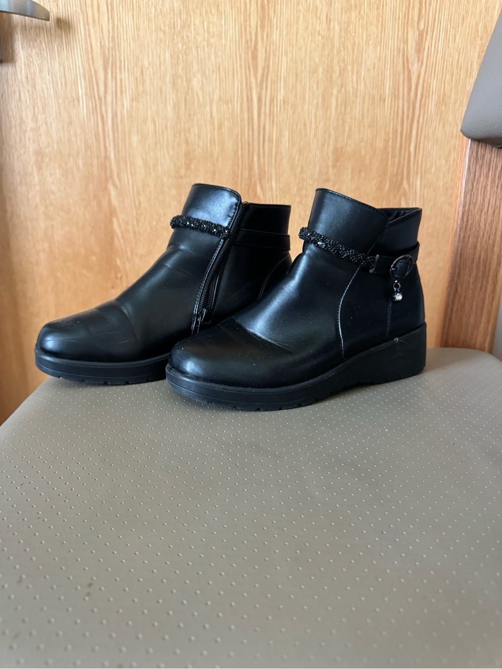 Women's Black Ankle Boots with Beaded Strap